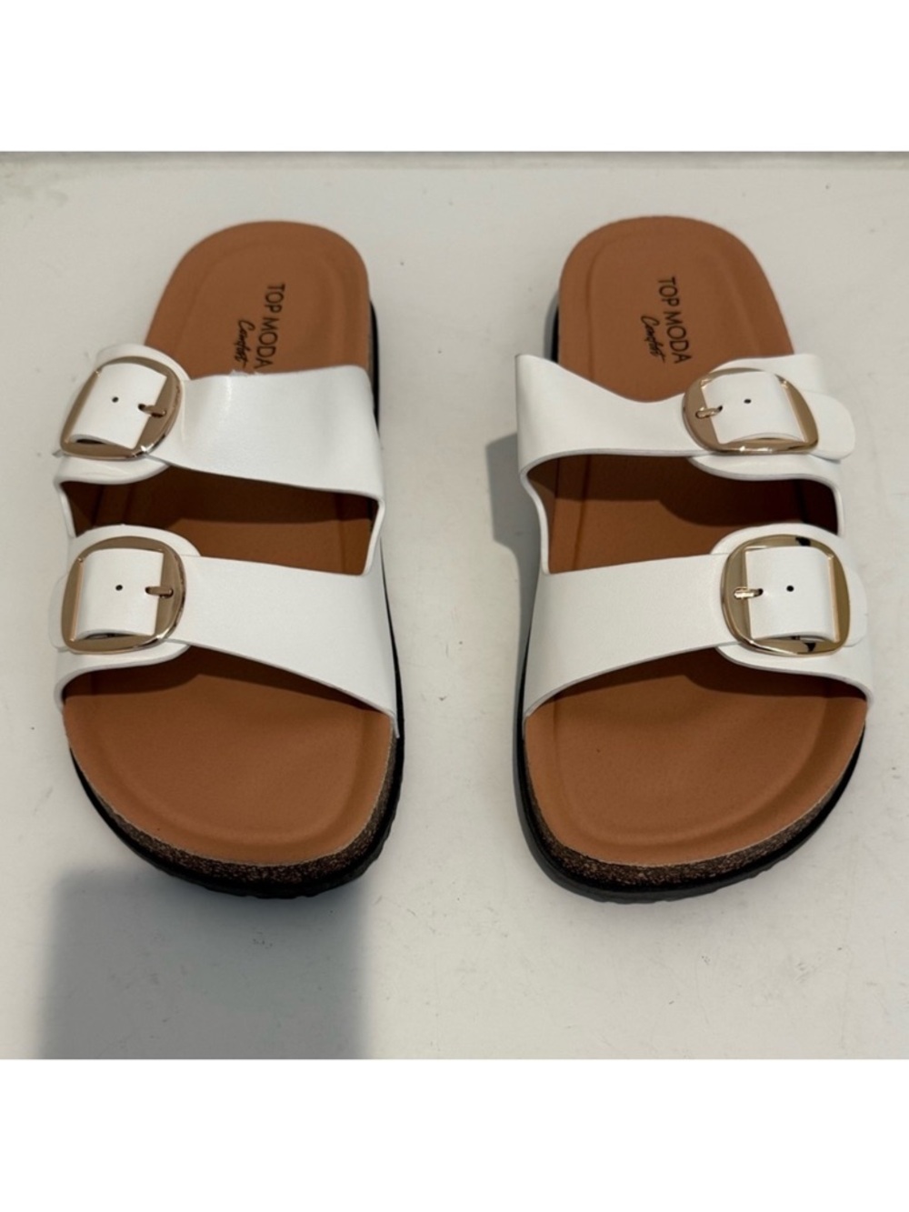TOP MODA Comfort Luca White Sandals Double Strap Slide Sandals Gold Buckles 9